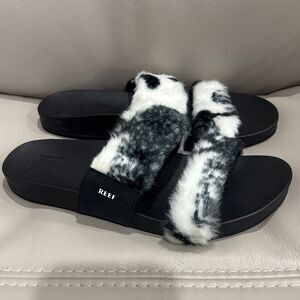 Reef Women's Black and White Fur Slide Sandals sz 7